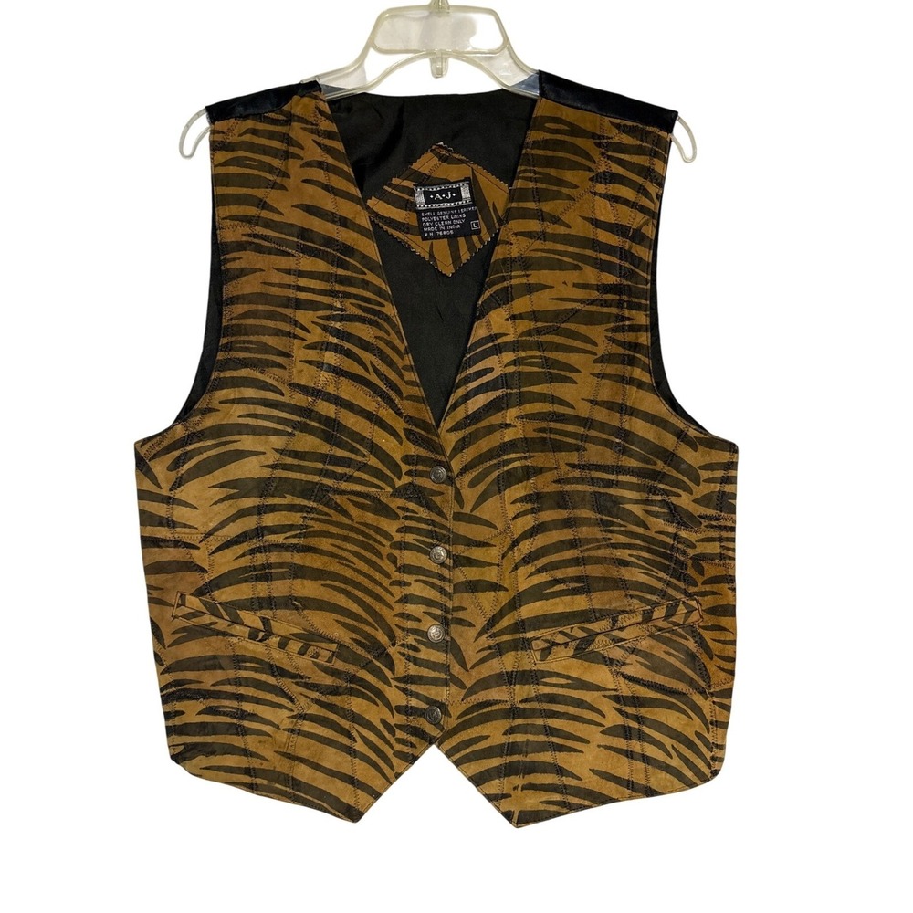 Vintage A.J. Genuine Leather Tiger Print Vest Brown Black L Large Western